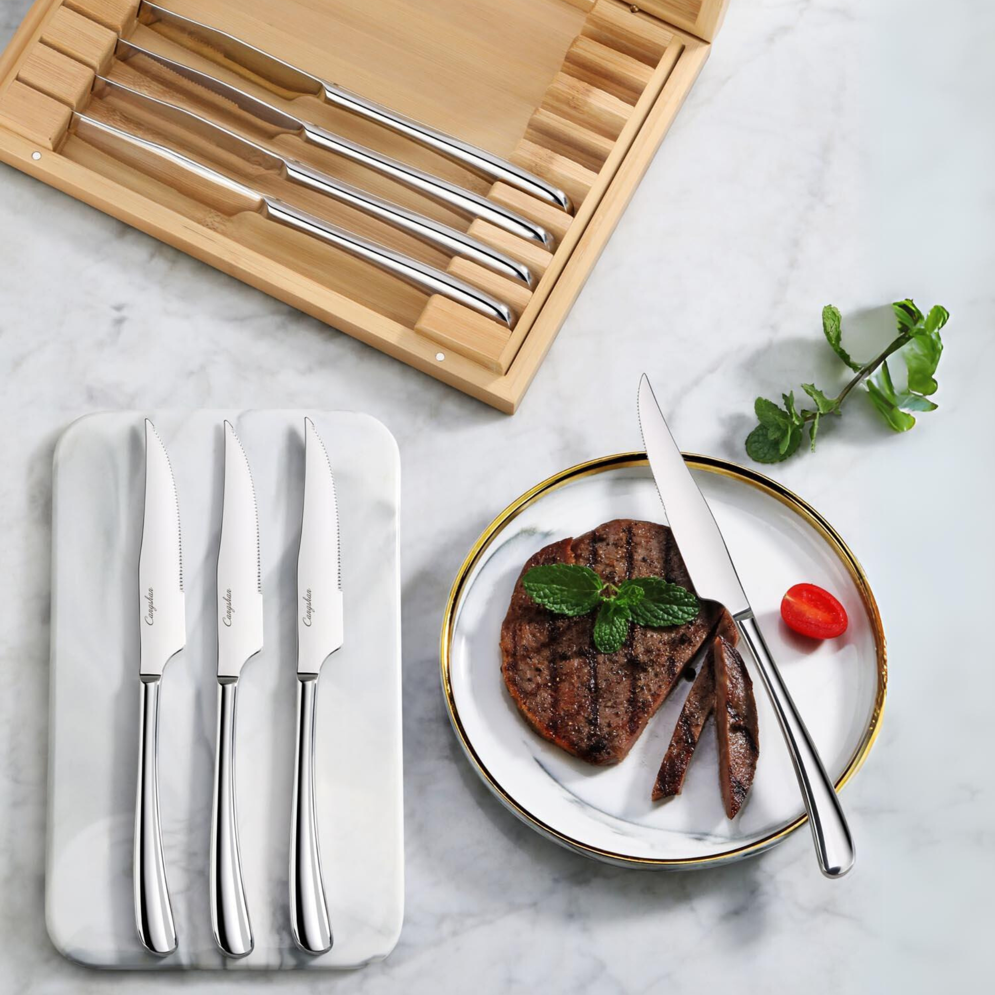 RAIN II Series 8-Piece Forged Steak Knife Set, 420 Stainless Steel in Bamboo Storage Box, 1027044