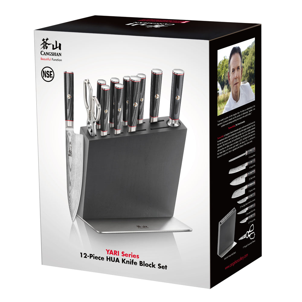 
                  
                    Load image into Gallery viewer, YARI Series 12-Piece Knife Block Set, X-7 Damascus Steel, HUA Ash Wood Block, 501370
                  
                