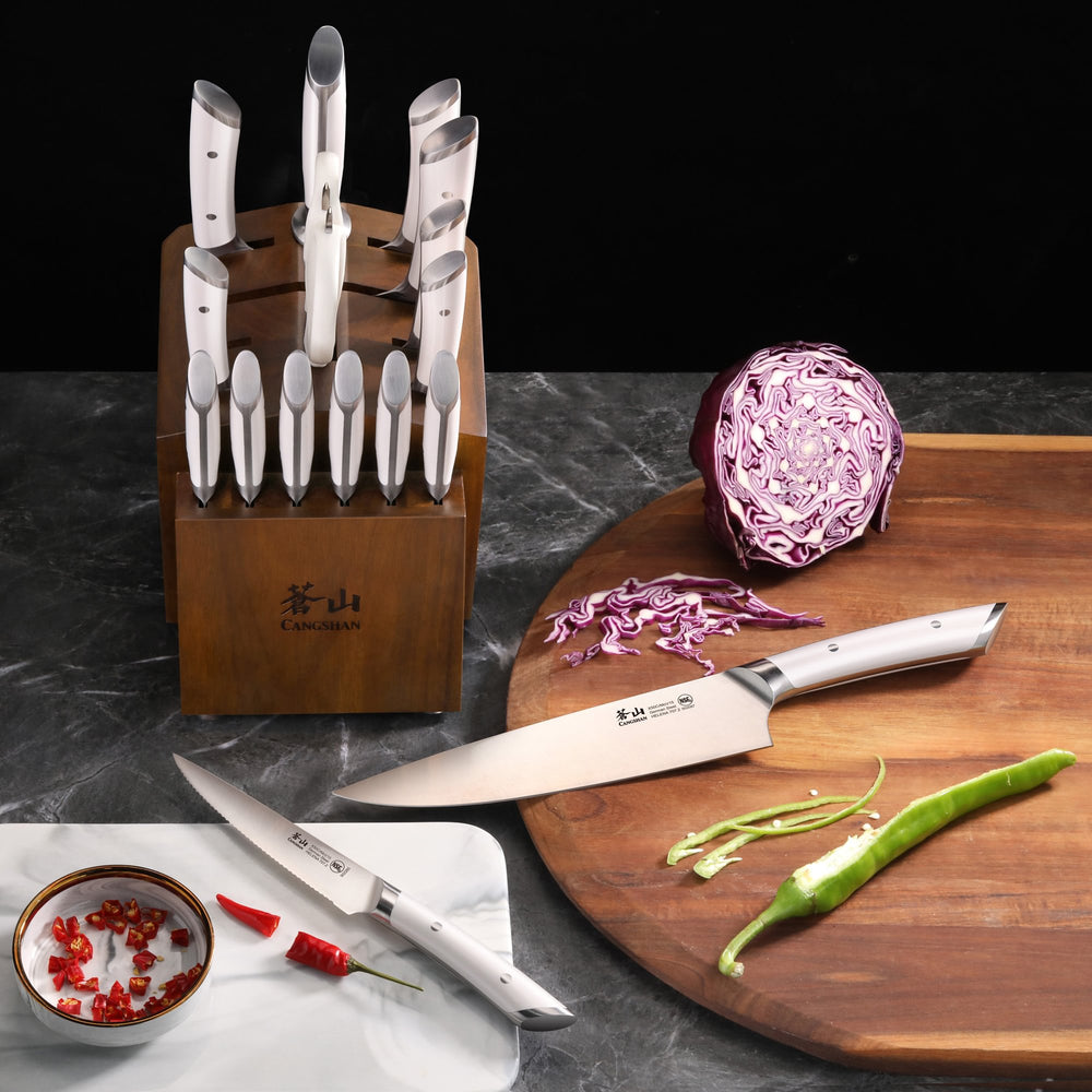 
                  
                    Load image into Gallery viewer, HELENA Series 17-Piece Knife Block Set, Forged German Steel, Acacia Block
                  
                