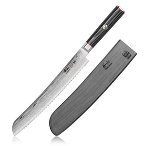 
                  
                    Load image into Gallery viewer, YARI Series 9-Inch Bread Knife with Sheath, X-7 Damascus Steel, 501226
                  
                