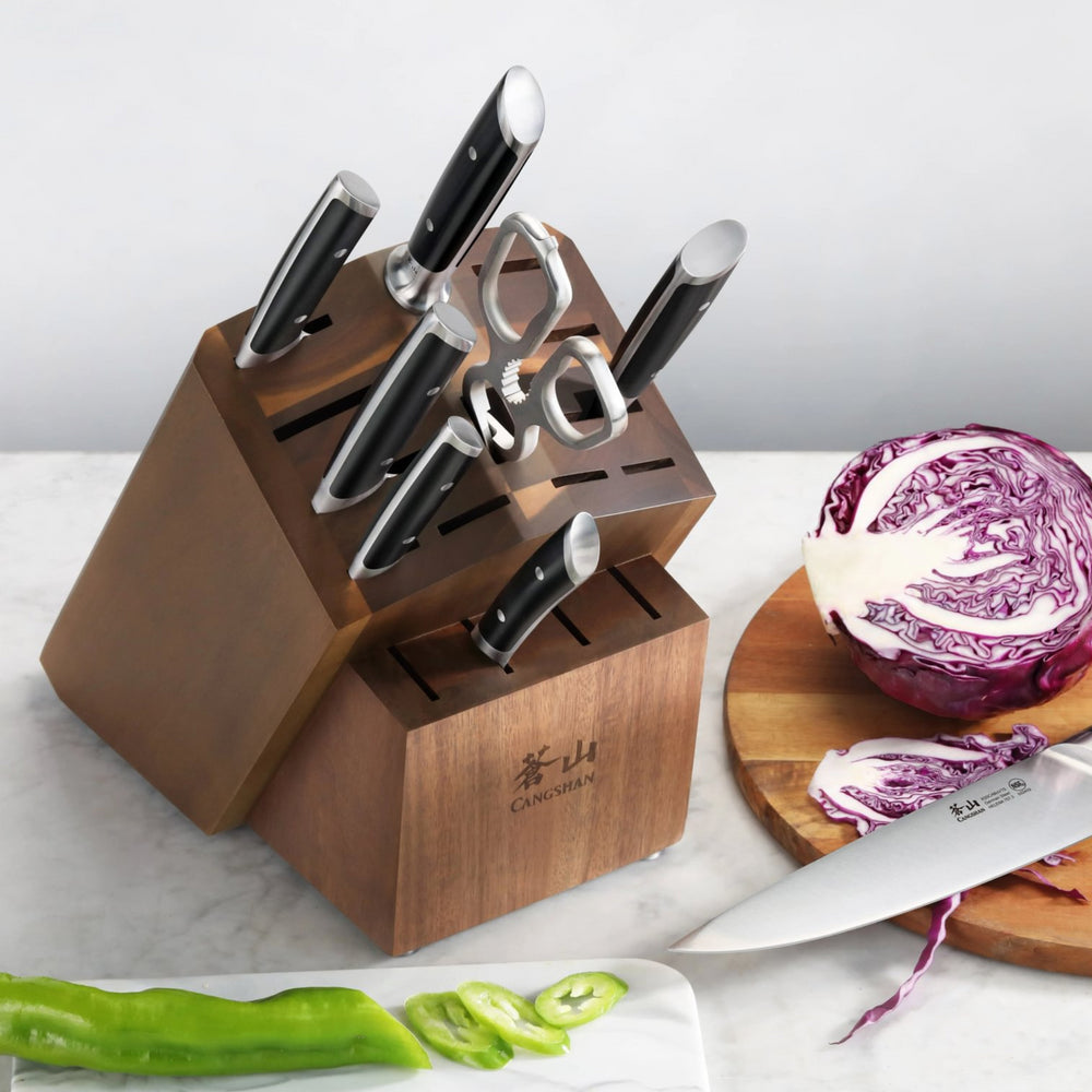 
                  
                    Load image into Gallery viewer, Empty Knife Block, 16-Slot Organizer, Angled Top, Acacia, 505576
                  
                