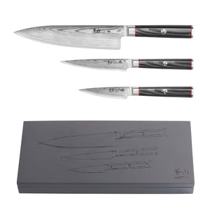 
                  
                    Load image into Gallery viewer, YARI Series 3-Piece Starter Knife Set with Ash Wood Box, X-7 Damascus Steel, 501356
                  
                