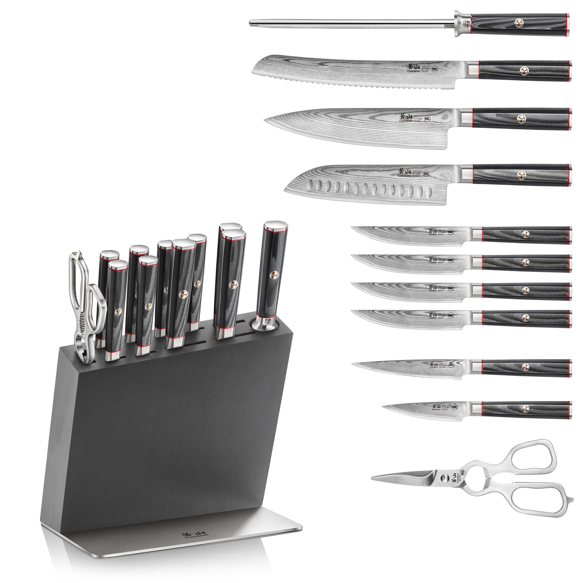 YARI Series 12-Piece Knife Block Set, X-7 Damascus Steel, HUA Ash Wood Block, 501370