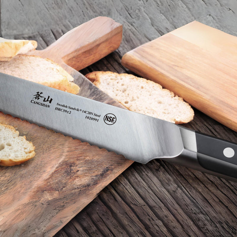 
                  
                    Load image into Gallery viewer, TC Series 8-Inch Bread Knife with Ash Wood Sheath, Forged Swedish 14C28N Steel, 1021004
                  
                