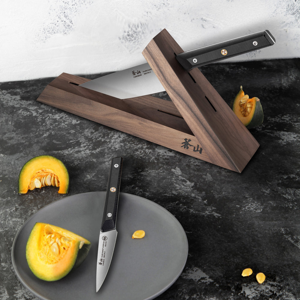 
                  
                    Load image into Gallery viewer, TG Series 3-Piece TAI Knife Block Set, Walnut Block, Swedish 12C27M Steel, 1021325
                  
                