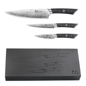 
                  
                    Load image into Gallery viewer, KURO Series 3-Piece Starter Knife Set with Ash Wood Box, High Carbon X-7 Damascus Steel, 504319
                  
                