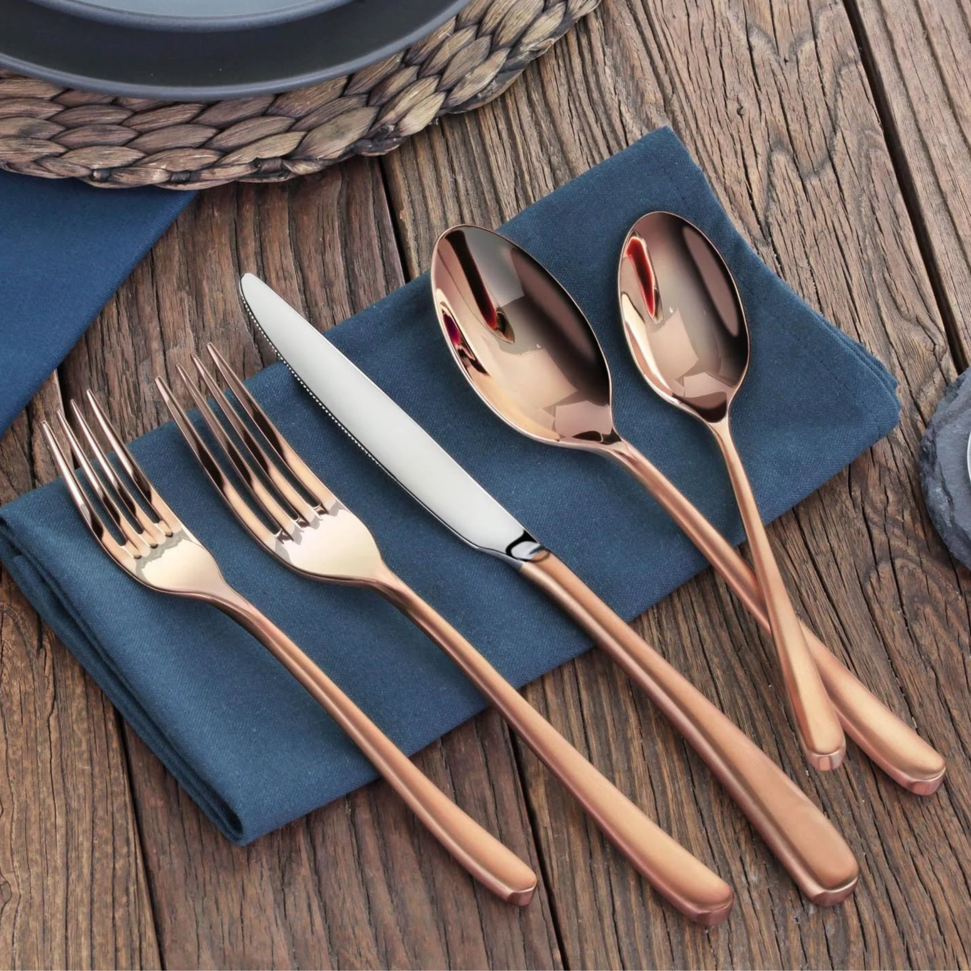 RAIN II Series 20-Piece Forged Antique Copper Finish Flatware Set, Stainless Steel 18/10, 1027020