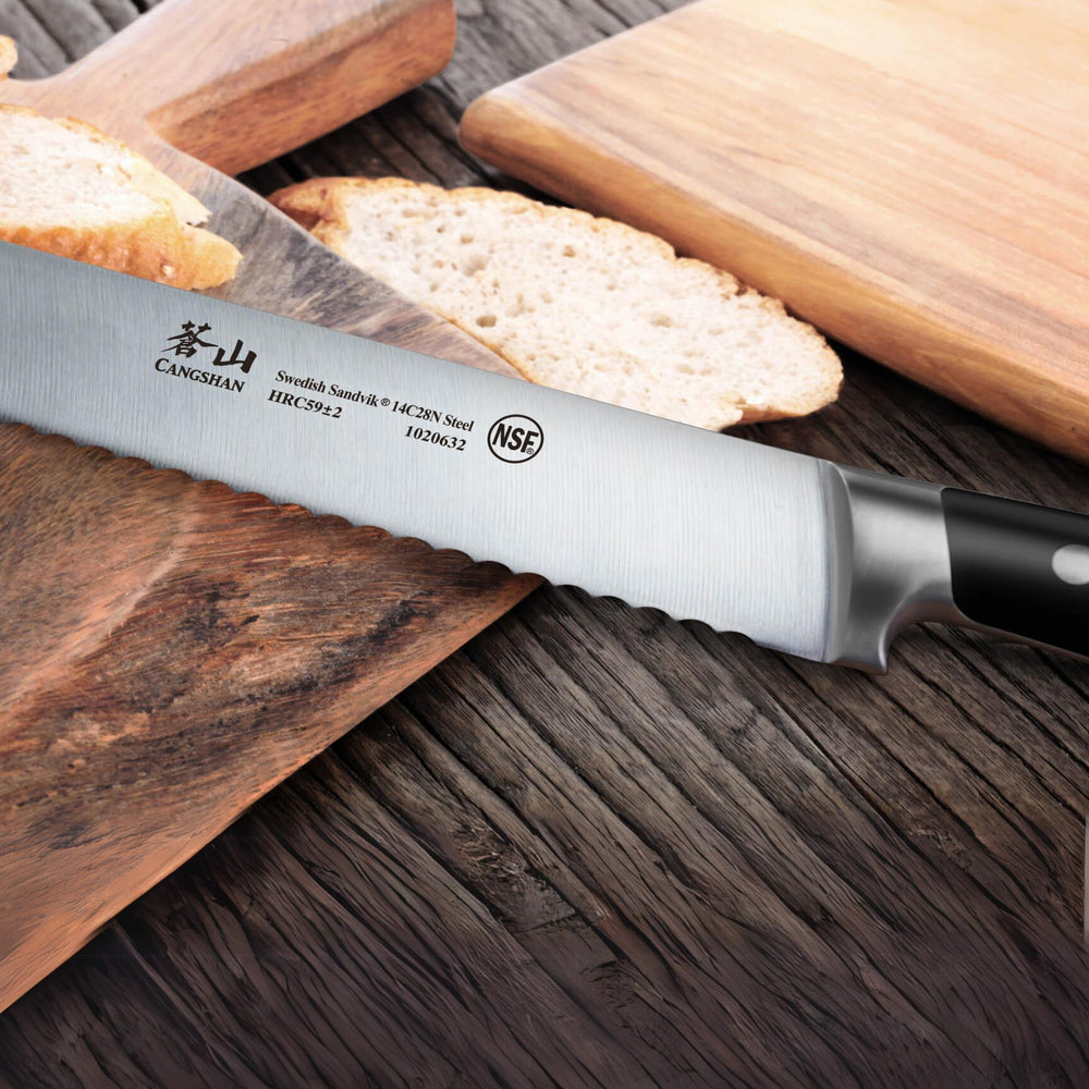 
                  
                    Load image into Gallery viewer, TS Series 10.25-Inch Bread Knife with Ash Wood Sheath, Forged Swedish 14C28N Steel, 1020649
                  
                