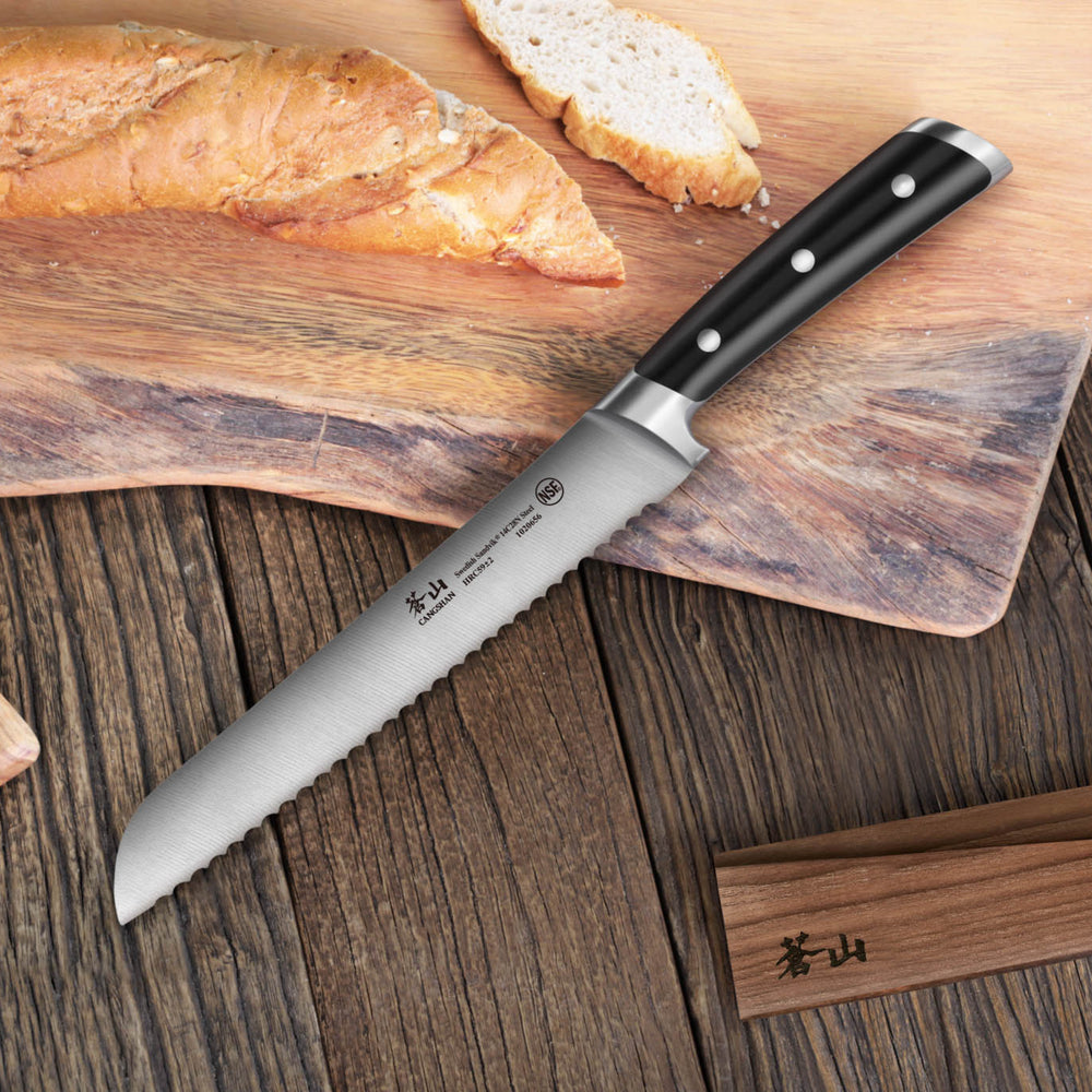 
                  
                    Load image into Gallery viewer, TS Series 8-Inch Bread Knife and Wood Sheath Set, Forged Swedish 14C28N Steel, 1020663
                  
                