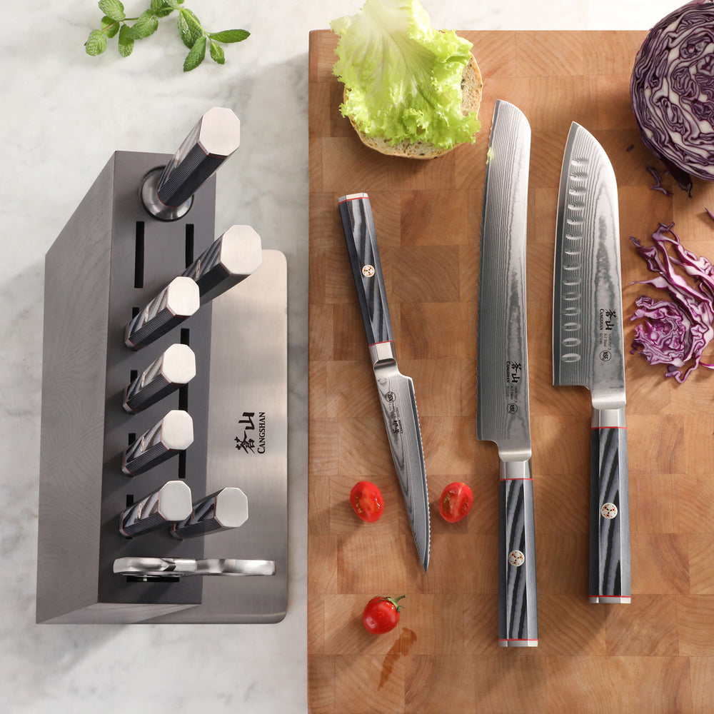 
                  
                    Load image into Gallery viewer, YARI Series 12-Piece Knife Block Set, X-7 Damascus Steel, HUA Ash Wood Block, 501370
                  
                