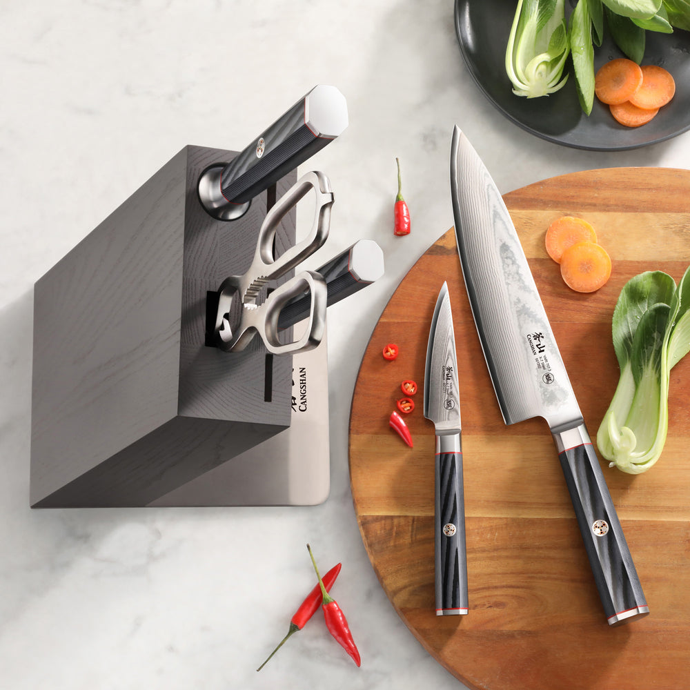 
                  
                    Load image into Gallery viewer, YARI Series 6-Piece Knife Block Set, X-7 Damascus Steel, HUA Ash Wood Block, 501363
                  
                