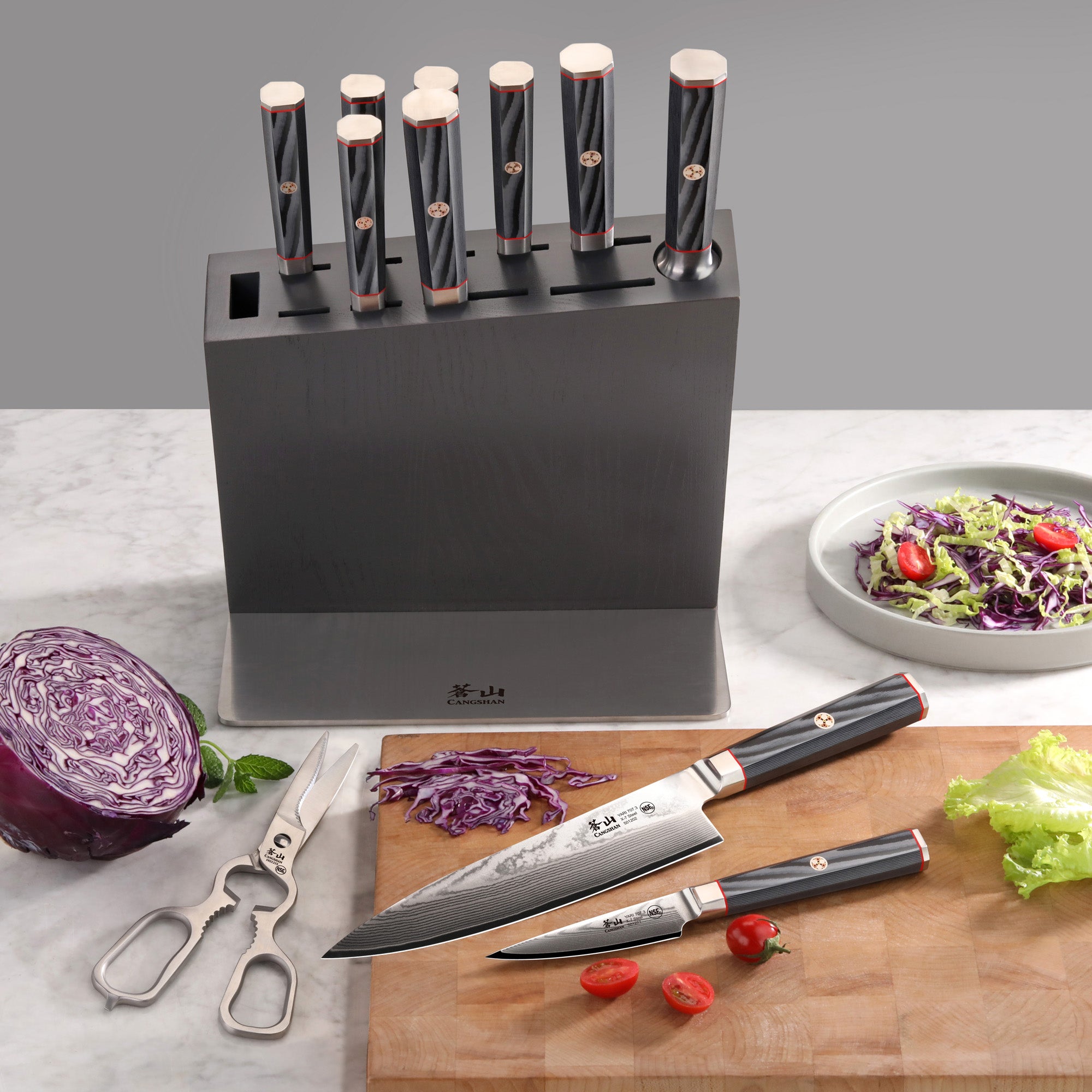 YARI Series 12-Piece Knife Block Set, X-7 Damascus Steel, HUA Ash Wood Block, 501370