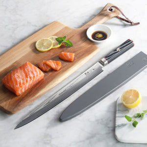 
                  
                    Load image into Gallery viewer, YARI Series 12-inch Sashimi Knife with Sheath, X-7 Damascus Steel, 501301
                  
                