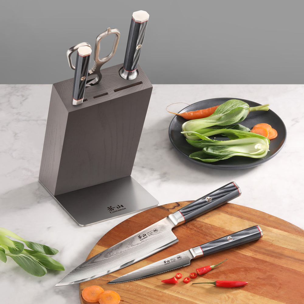 
                  
                    Load image into Gallery viewer, YARI Series 6-Piece Knife Block Set, X-7 Damascus Steel, HUA Ash Wood Block, 501363
                  
                