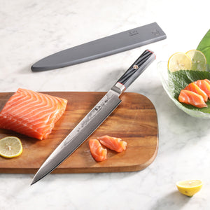 
                  
                    Load image into Gallery viewer, YARI Series 10-inch Sashimi Knife with Sheath, X-7 Damascus Steel, 501295
                  
                