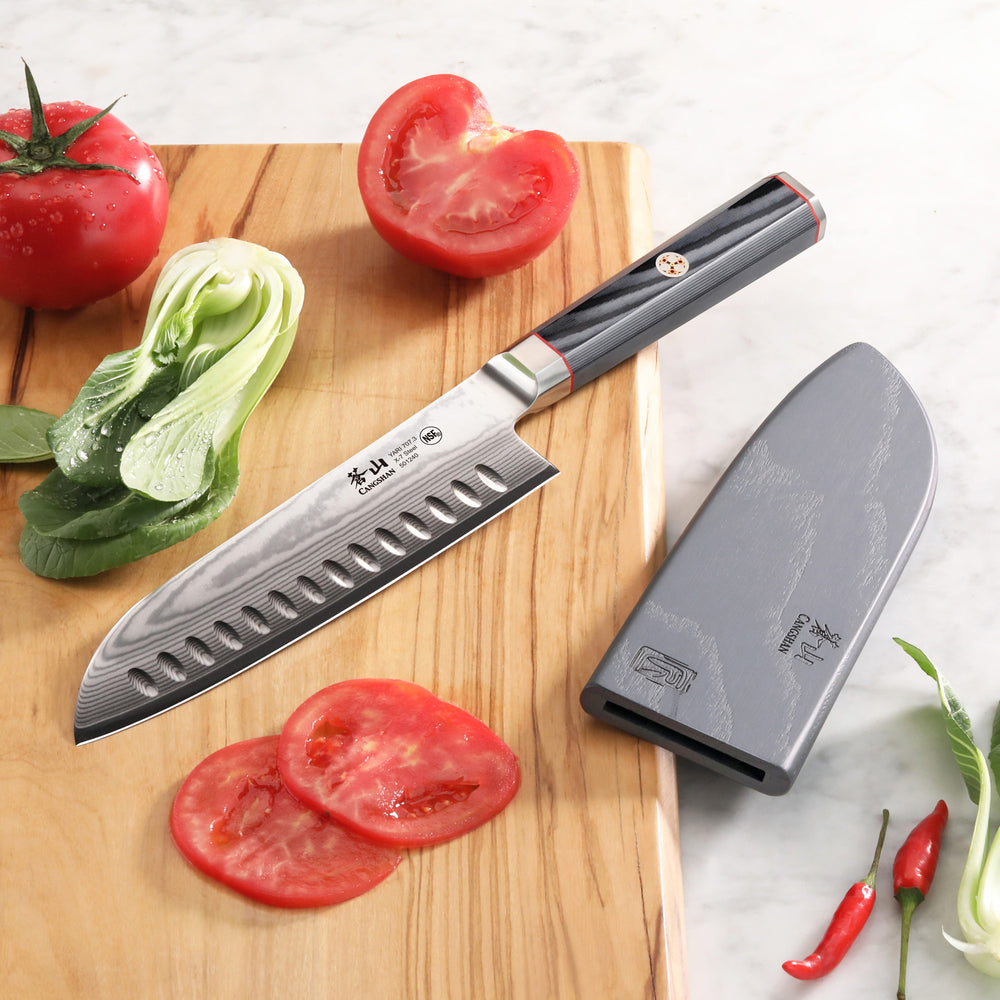 
                  
                    Load image into Gallery viewer, YARI Series 7-Inch Santoku Knife with Sheath, X-7 Damascus Steel, 501240
                  
                