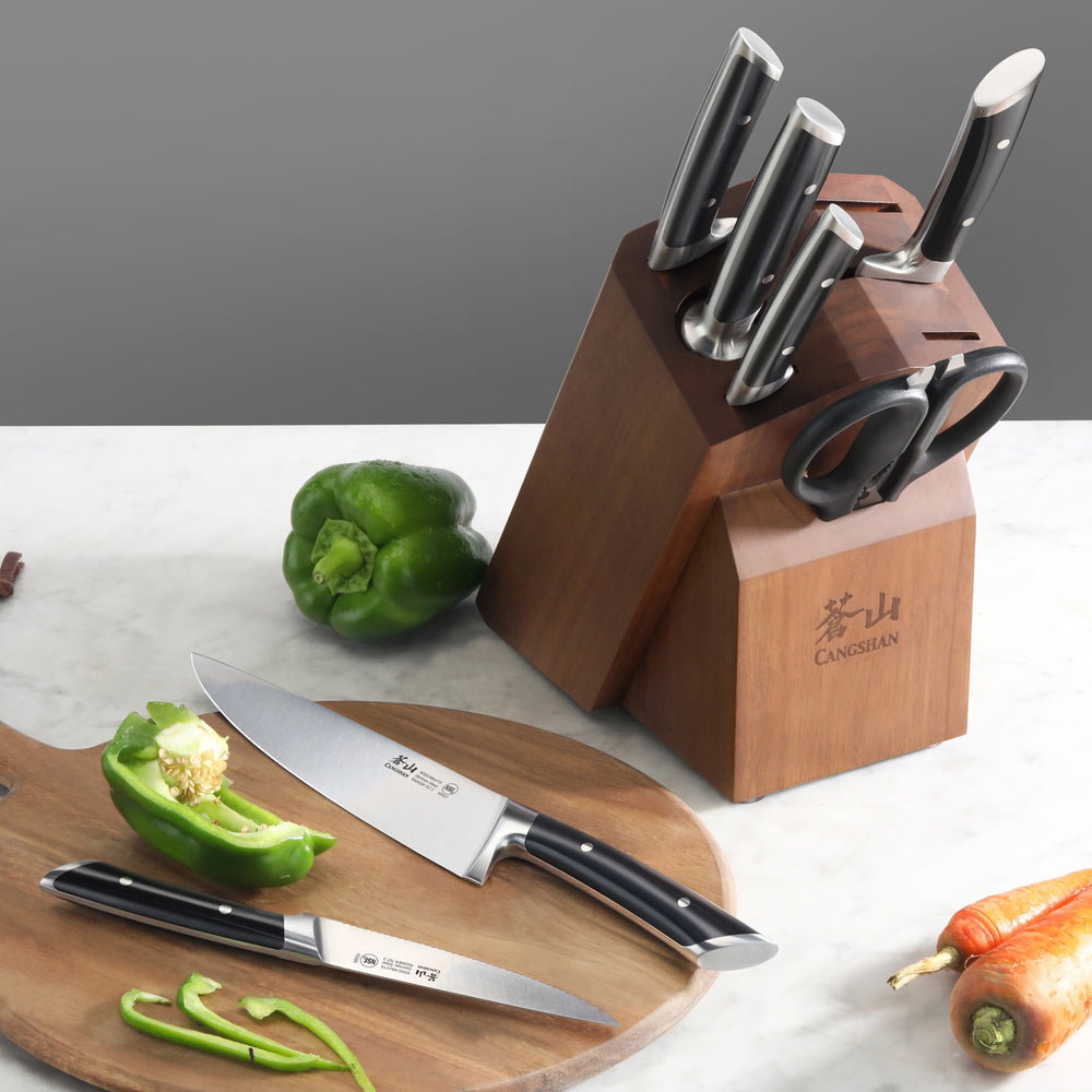 
                  
                    Load image into Gallery viewer, RAINIER Series 8-Piece Knife Block Set, Forged German Steel, Acacia Block
                  
                