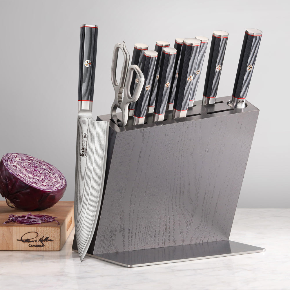 
                  
                    Load image into Gallery viewer, YARI Series 12-Piece Knife Block Set, X-7 Damascus Steel, HUA Ash Wood Block, 501370
                  
                