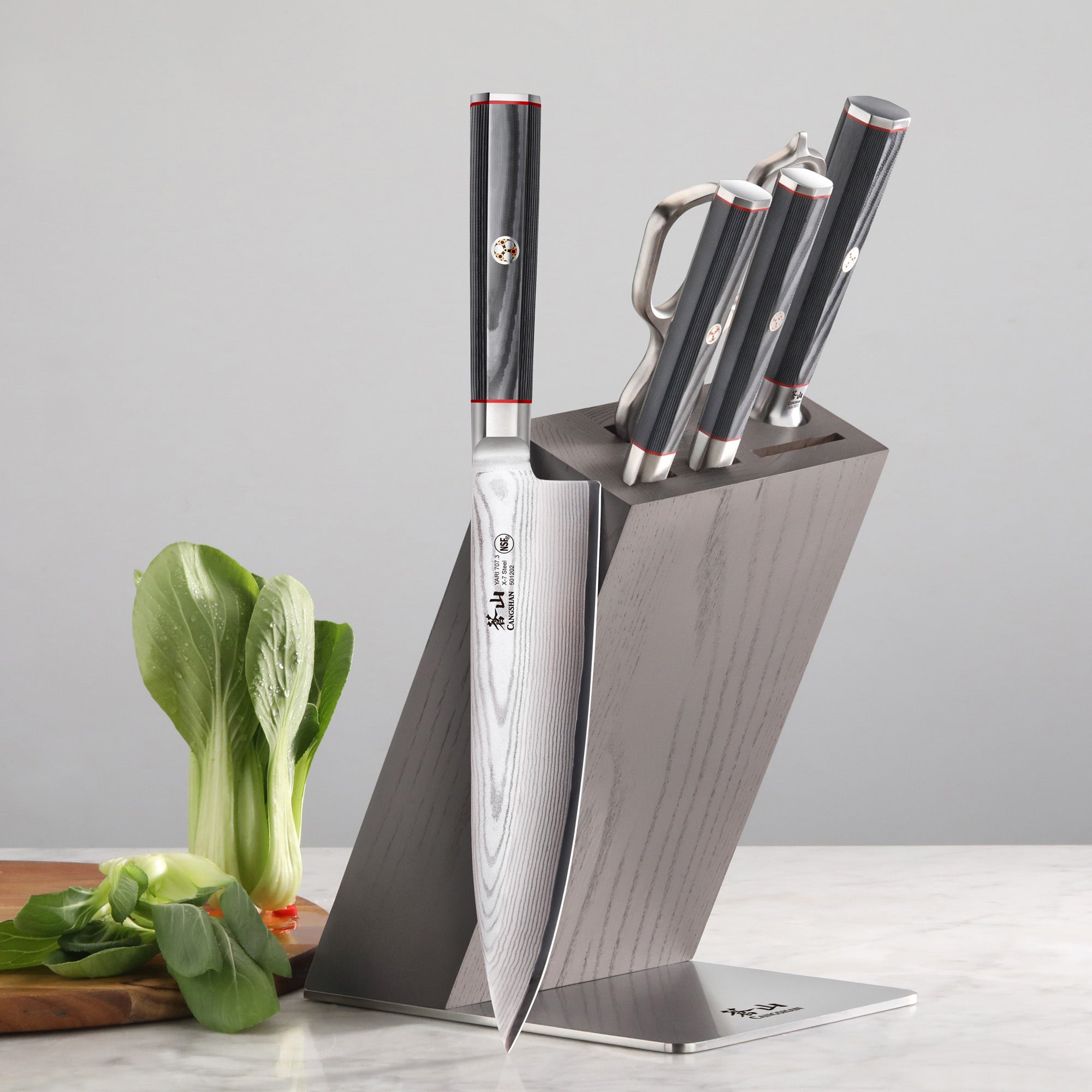 YARI Series 6-Piece Knife Block Set, X-7 Damascus Steel, HUA Ash Wood Block, 501363