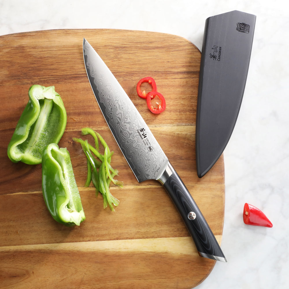 
                  
                    Load image into Gallery viewer, KURO Series 8-inch Chef&amp;#39;s Knife with Sheath, High Carbon X-7 Damascus Steel, 504258
                  
                