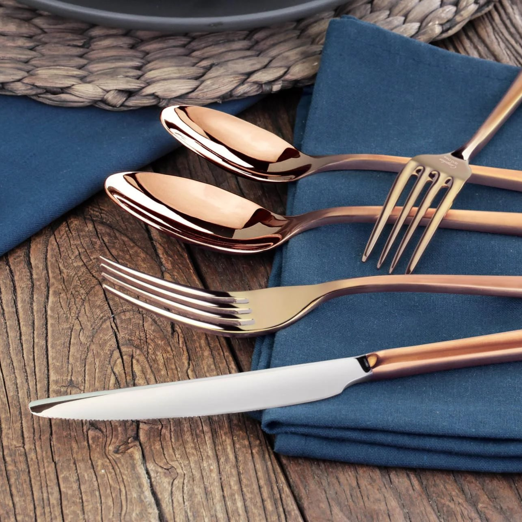 RAIN II Series 20-Piece Forged Antique Copper Finish Flatware Set, Stainless Steel 18/10, 1027020