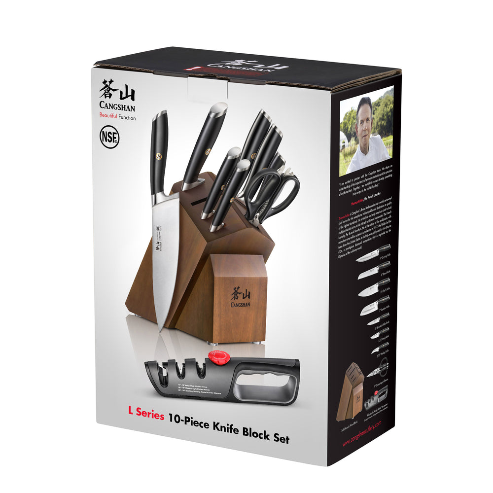 
                  
                    Load image into Gallery viewer, L Series 10-Piece Knife Block Set, Forged German Steel, Black, 1027440
                  
                