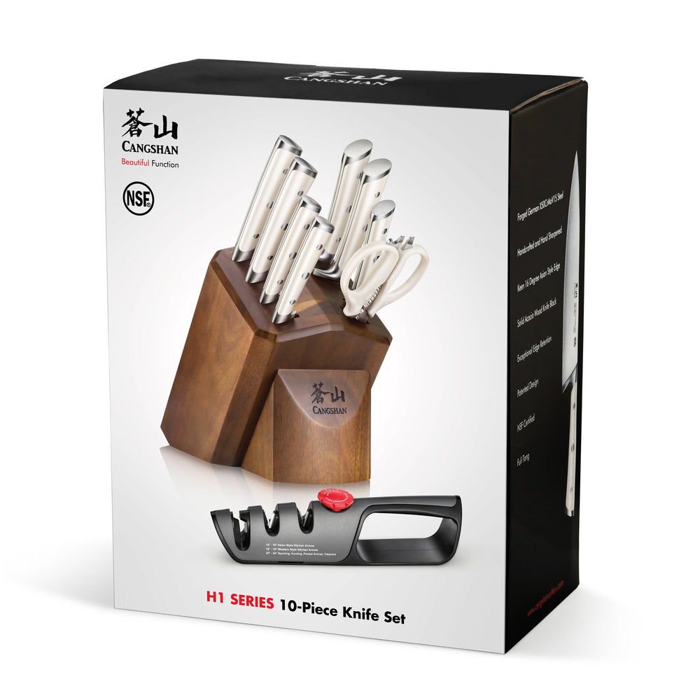 
                  
                    Load image into Gallery viewer, H1 Series 10-Piece Knife Block Set, Forged German Steel, Acacia Block, 1026153
                  
                