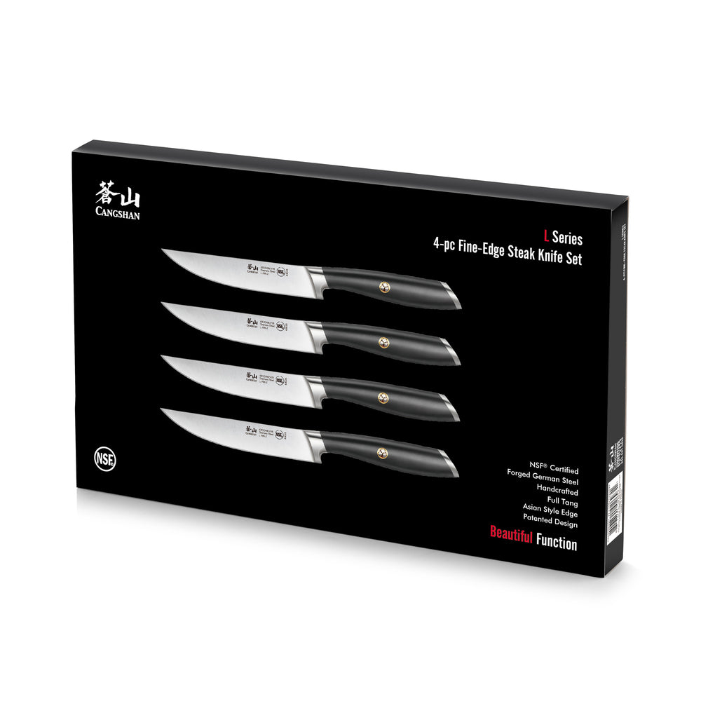 
                  
                    Load image into Gallery viewer, L Series 4-Piece Fine-Edge Steak Knife Set, Forged German Steel, Black, 1026931
                  
                