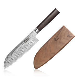 
                  
                    Load image into Gallery viewer, HAKU Series 7-Inch Santoku Knife with Sheath, Forged X-7 Damascus Steel, 501066
                  
                