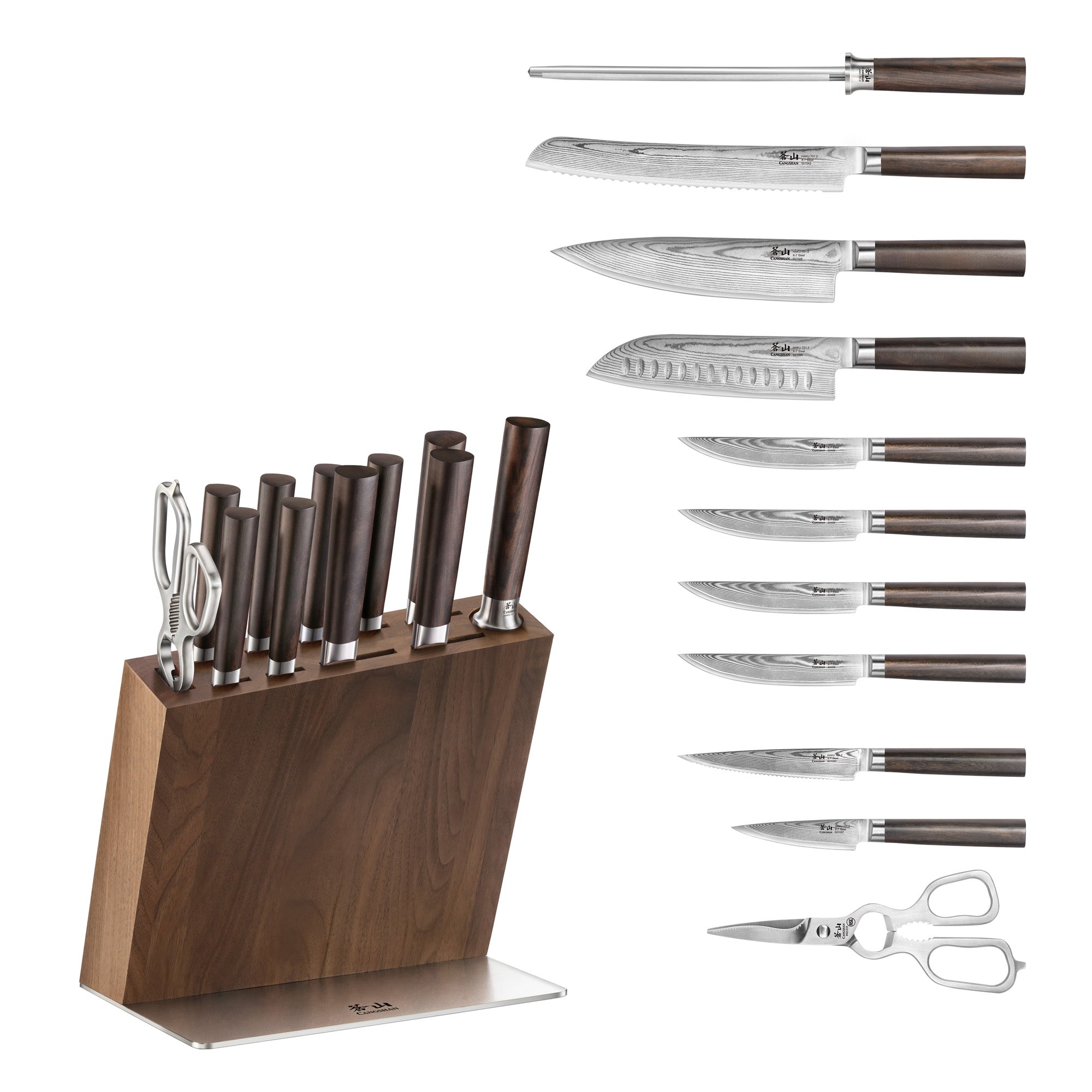 HAKU Series 12-Piece Knife Block Set, Forged X-7 Damascus Steel, HUA Walnut Block, 501196