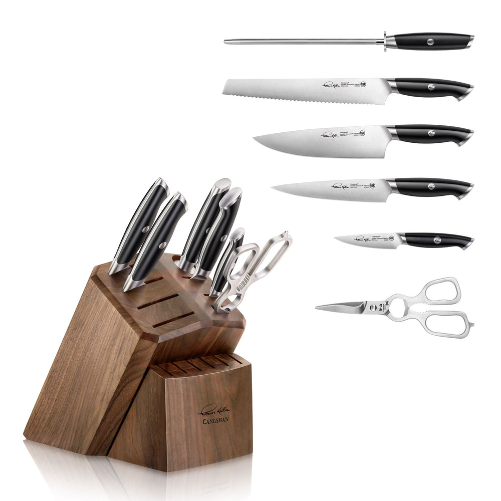 
                  
                    Load image into Gallery viewer, TKSC 7-Piece Knife Block Set with 8 Spare Slots, Forged Swedish Powder Steel, Thomas Keller Signature Collection, Black, 1024685
                  
                