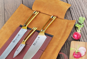 
                  
                    Load image into Gallery viewer, N1 Series 4-Piece Leather Roll Knife Set, Gold Plated Handle, Forged German Steel, 62618
                  
                