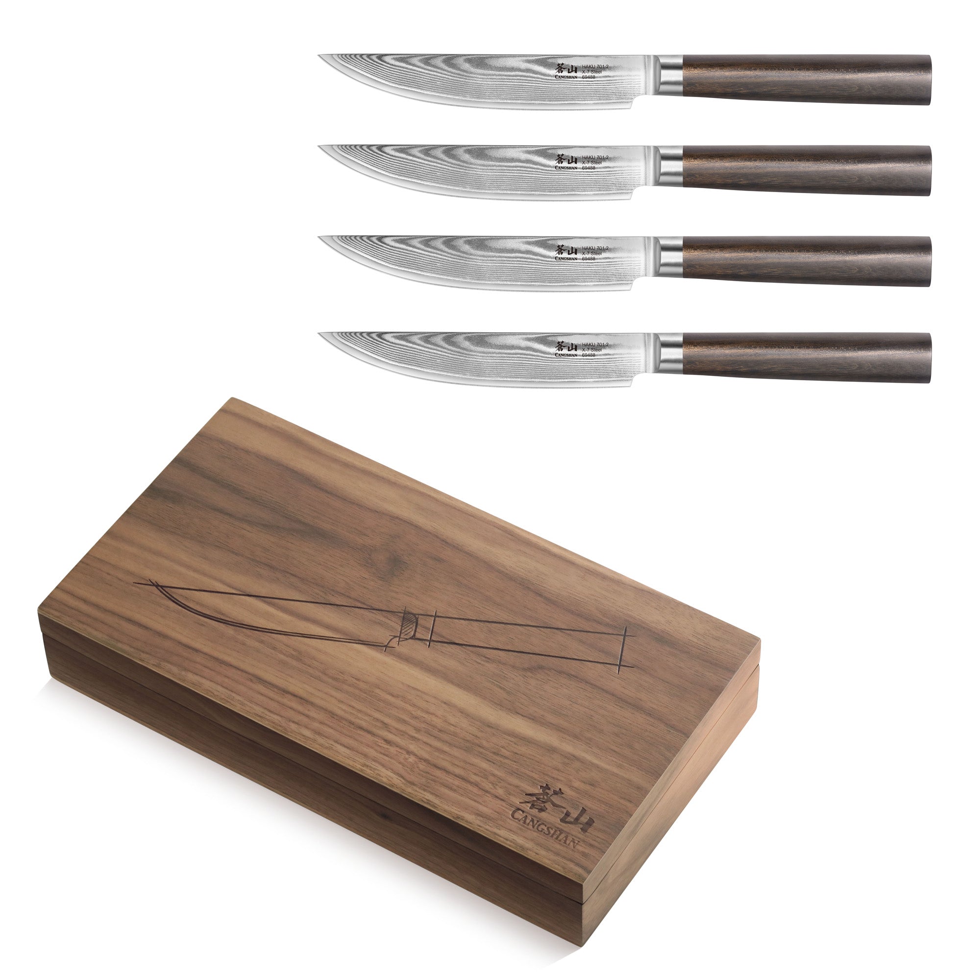 HAKU Series 4-Piece Fine-Edge Steak Knife Set with Walnut Box, Forged X-7 Damascus Steel, 501141