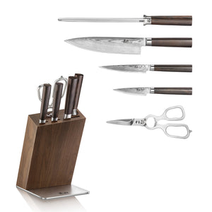 
                  
                    Load image into Gallery viewer, HAKU Series 6-Piece Knife Block Set, Forged X-7 Damascus Steel, HUA Walnut Block, 501189
                  
                