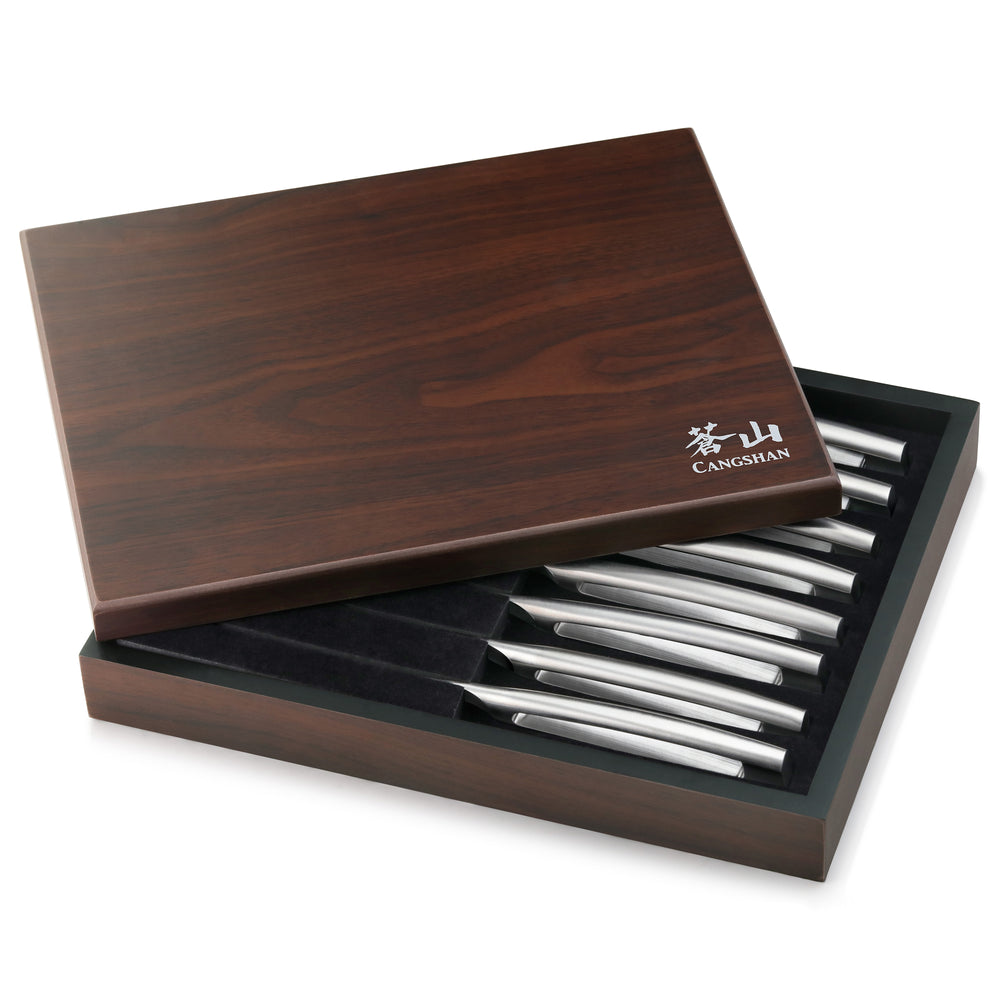 
                  
                    Load image into Gallery viewer, TN1 Series 8-Piece Straight Edge Steak Knife Set w/ Walnut Box, Forged Swedish 14C28N Steel, 1024111
                  
                