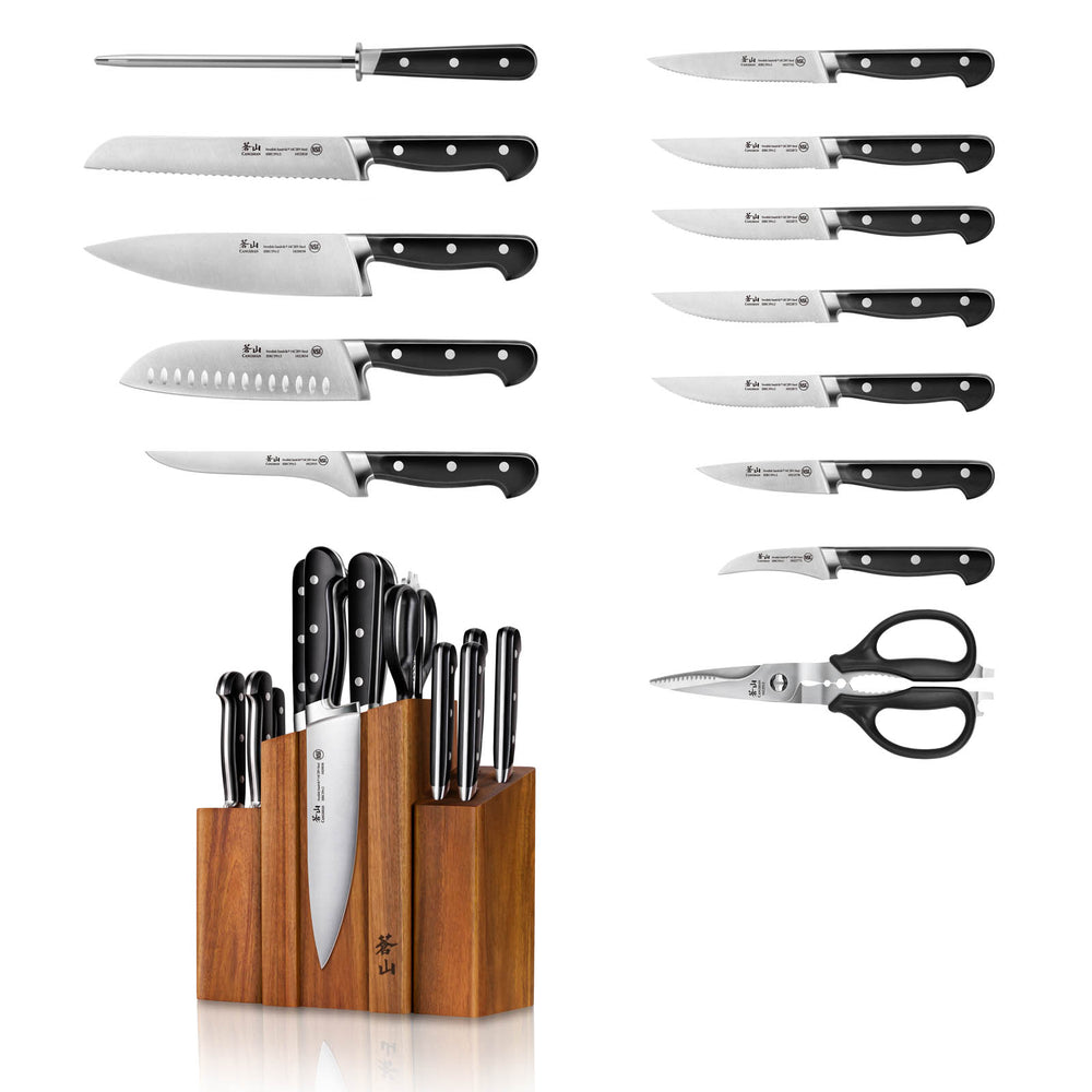 
                  
                    Load image into Gallery viewer, TV2 Series 14-Piece Magnetic Knife Block Set, Forged Swedish 14C28N Steel, DENALI Acacia Block, 1023046
                  
                