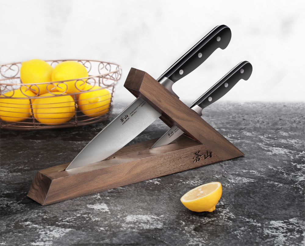 
                  
                    Load image into Gallery viewer, TV2 Series 3-Piece TAI Knife Block Set, Forged Swedish 14C28N Steel, Walnut Block, 1021585
                  
                