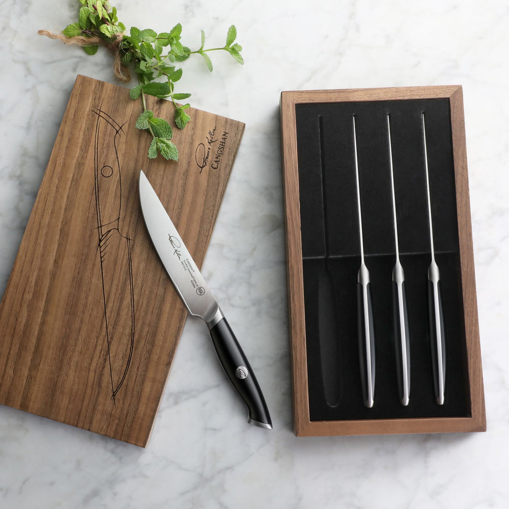 
                  
                    Load image into Gallery viewer, TKSC 4-Piece 5-Inch Steak Knife Set, Forged Swedish Powder Steel, Thomas Keller Signature Collection, Black, 1023893
                  
                