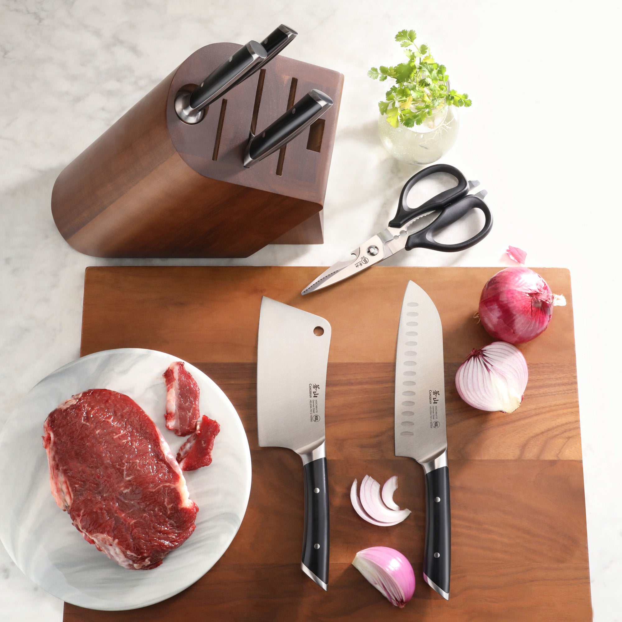 HELENA Series Cleaver Knife Block Set, Forged German Steel, HUA Acacia Block