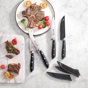 
                  
                    Load image into Gallery viewer, ALPS Series 4-Piece Steak Knife Set with Sheaths, Forged German Steel, Black, 502780
                  
                