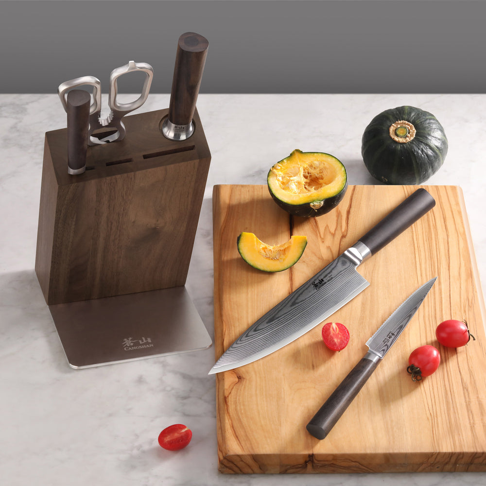 
                  
                    Load image into Gallery viewer, HAKU Series 6-Piece Knife Block Set, Forged X-7 Damascus Steel, HUA Walnut Block, 501189
                  
                