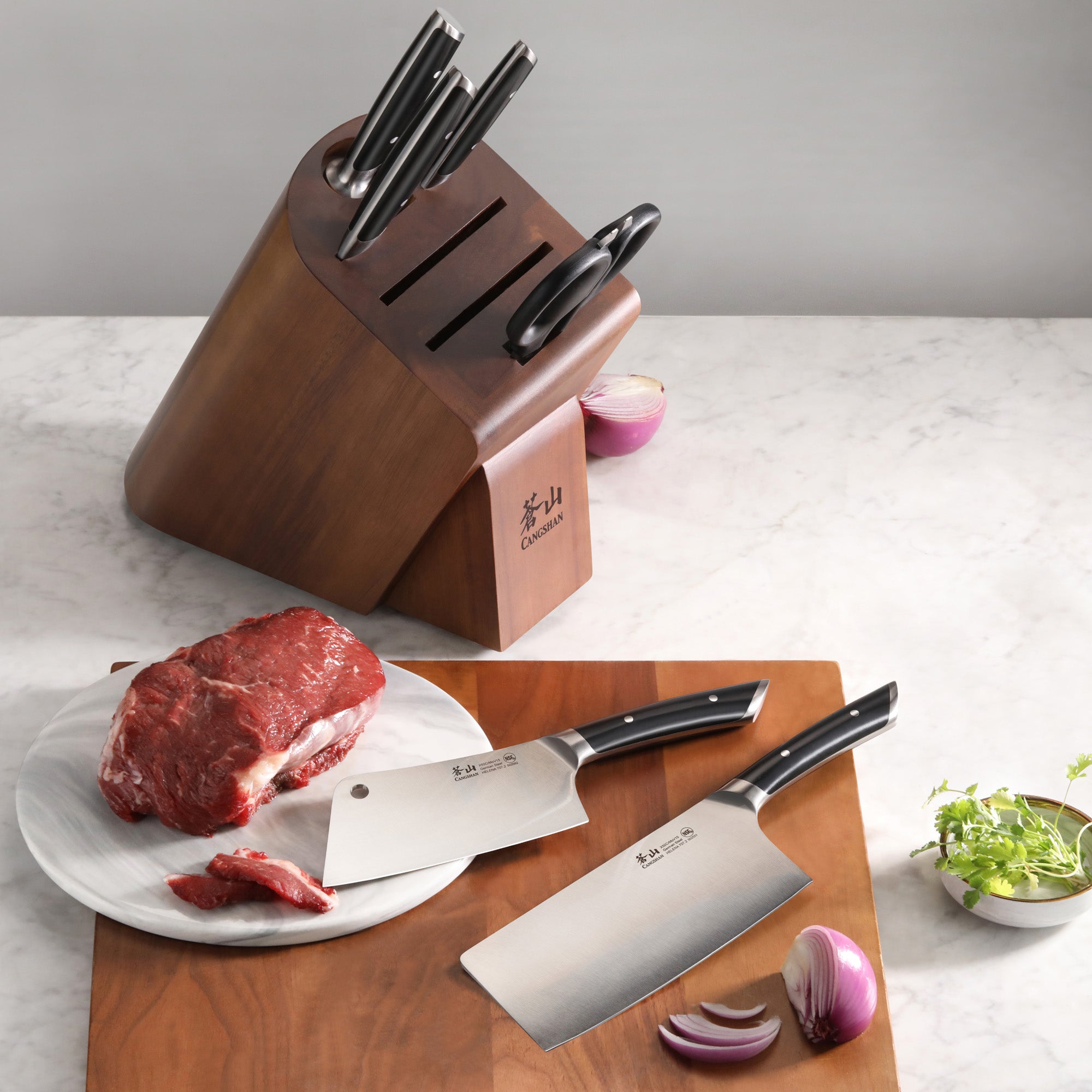 HELENA Series Cleaver Knife Block Set, Forged German Steel, HUA Acacia Block