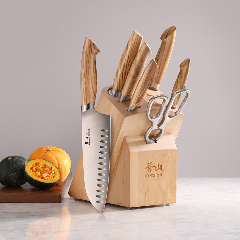 
                  
                    Load image into Gallery viewer, OLIV Series 8-Piece Knife Block Set, Maple, Forged Swedish 14C28N Steel, 501684
                  
                