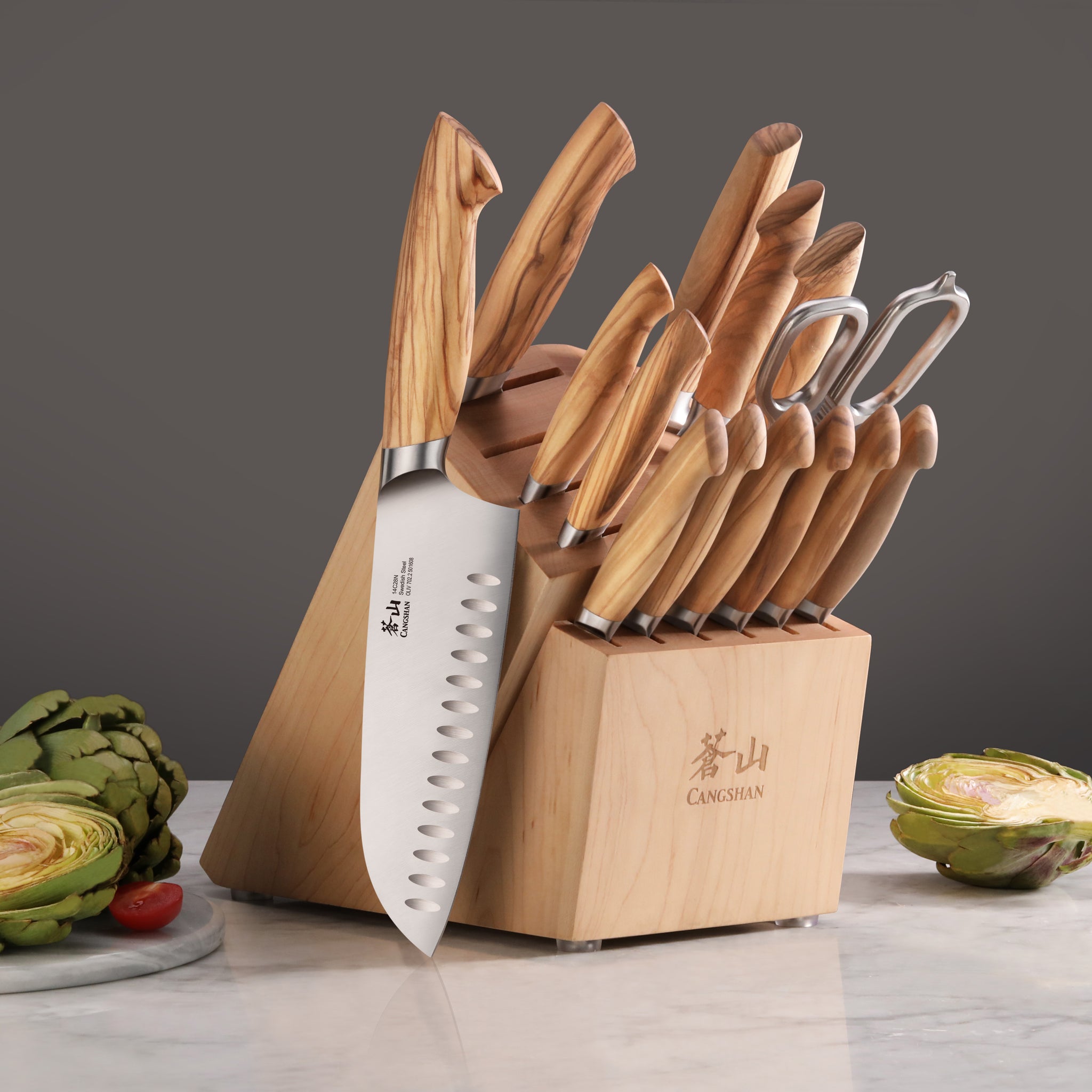 OLIV Series 15-Piece Knife Block Set, Maple, Forged Swedish 14C28N Steel, 501691