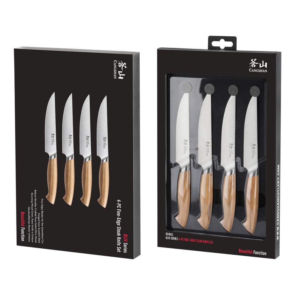 
                  
                    Load image into Gallery viewer, OLIV Series 4-Piece Fine-Edge Steak Knife Set, Forged Swedish 14C28N Steel, 501653
                  
                