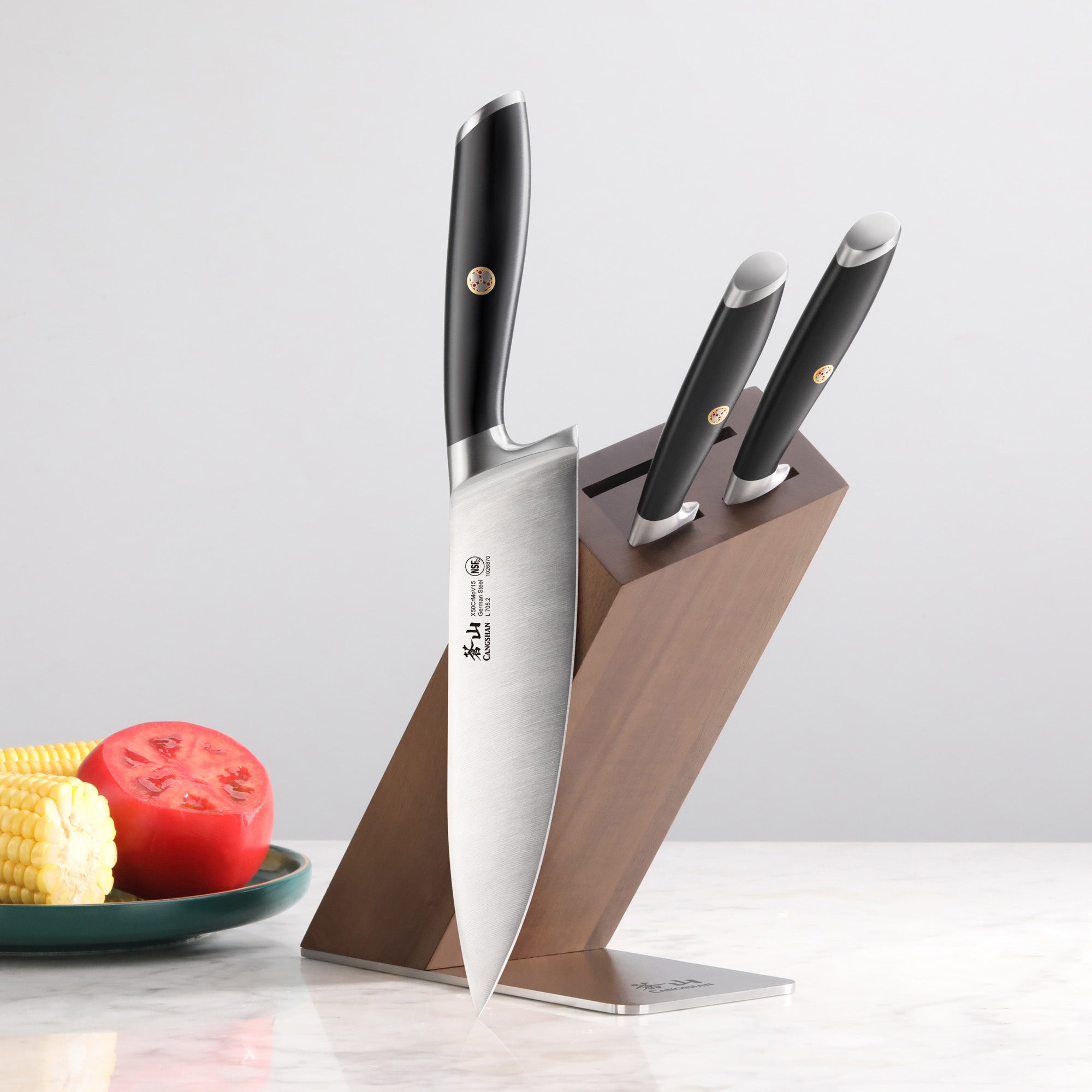 L Series 4-Piece Knife Block Set, Forged German Steel, HUA Acacia Knife Block, Black, 1026979