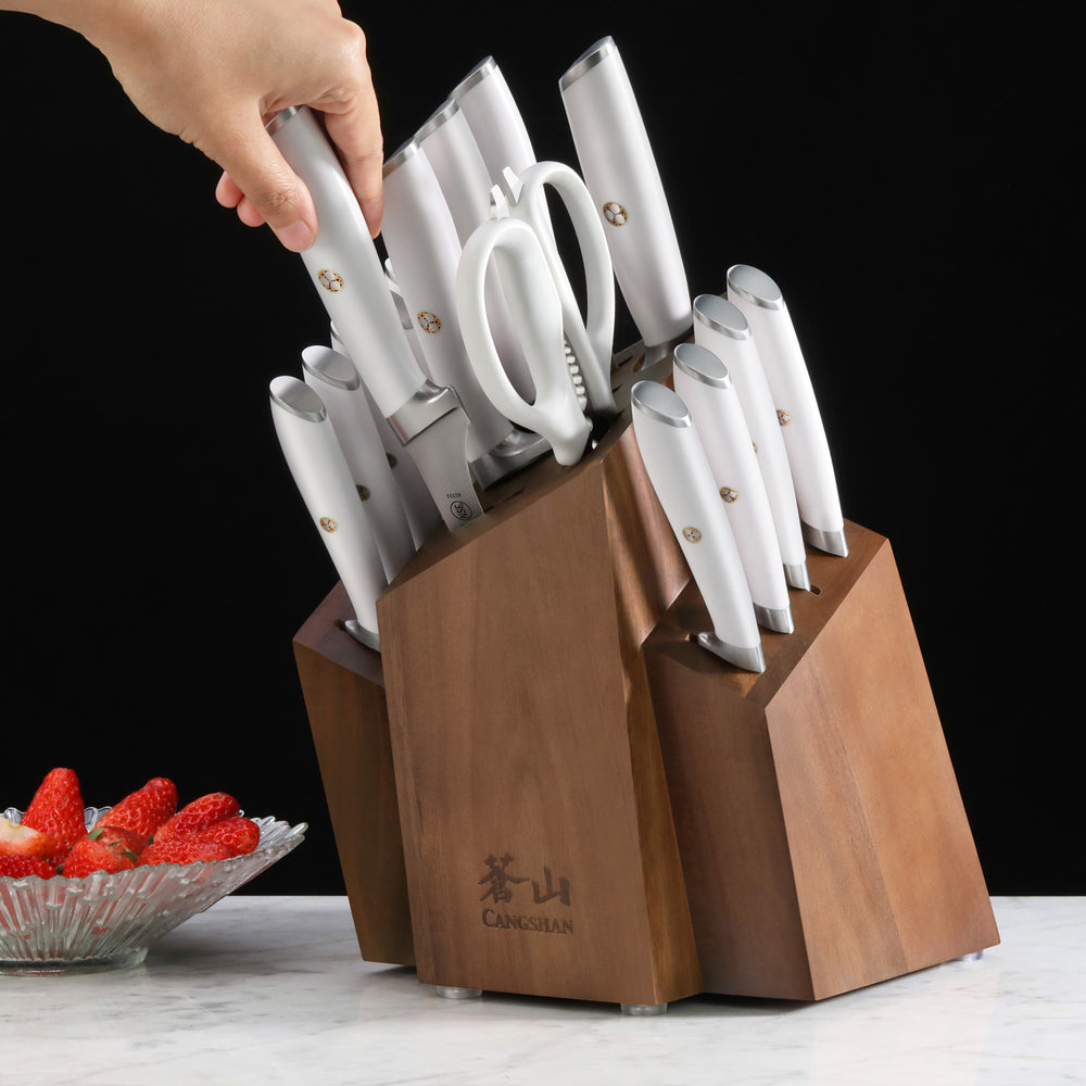 
                  
                    Load image into Gallery viewer, L1 Series 17-Piece SHAN Knife Block Set, White, Forged German Steel, 1026856
                  
                