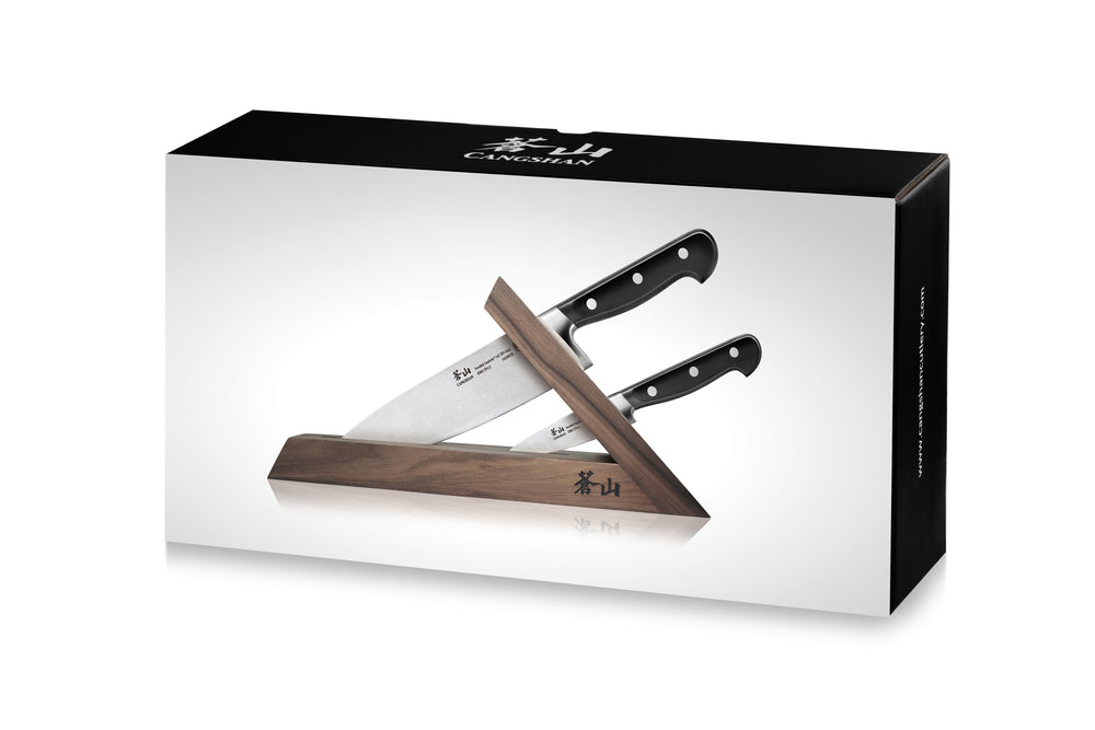 
                  
                    Load image into Gallery viewer, TV2 Series 3-Piece TAI Knife Block Set, Forged Swedish 14C28N Steel, Walnut Block, 1021585
                  
                