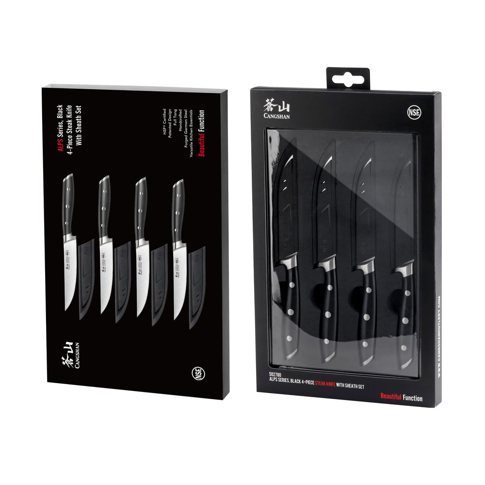 
                  
                    Load image into Gallery viewer, ALPS Series 4-Piece Steak Knife Set with Sheaths, Forged German Steel, Black, 502780
                  
                