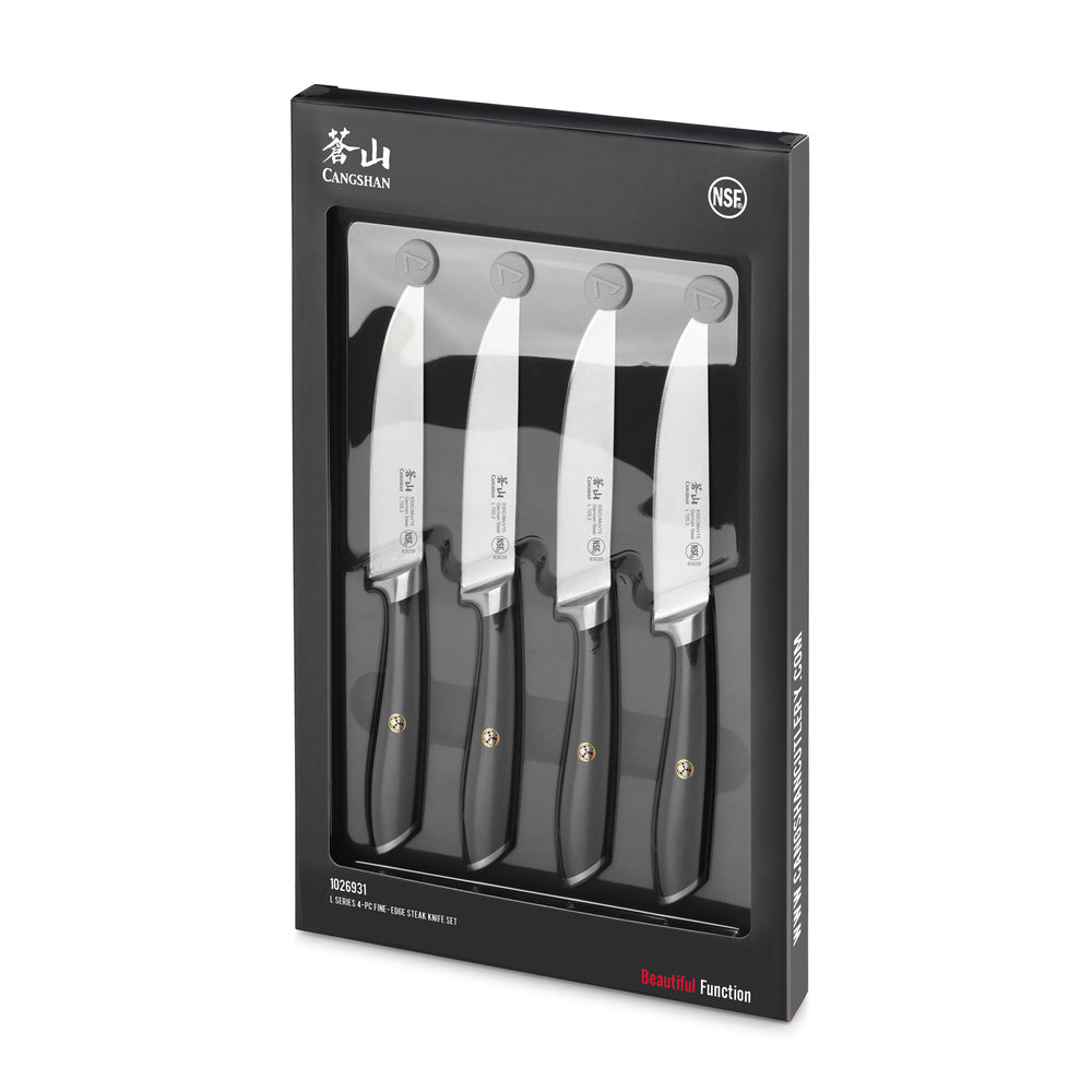 
                  
                    Load image into Gallery viewer, L Series 4-Piece Fine-Edge Steak Knife Set, Forged German Steel, Black, 1026931
                  
                